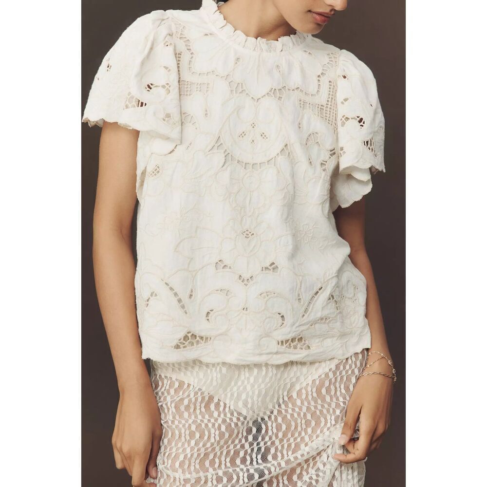 Anthropologie The Lainie High-Neck Lace Cutwork Blouse L NWT